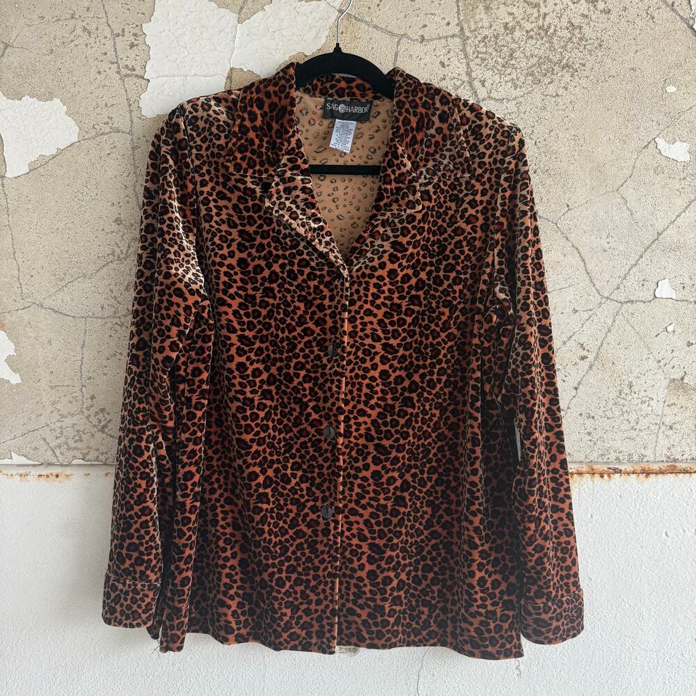 Y2K Button Down Top Velvet Velour Blouse Cheetah Leopard Print Shirt Womens‎ M